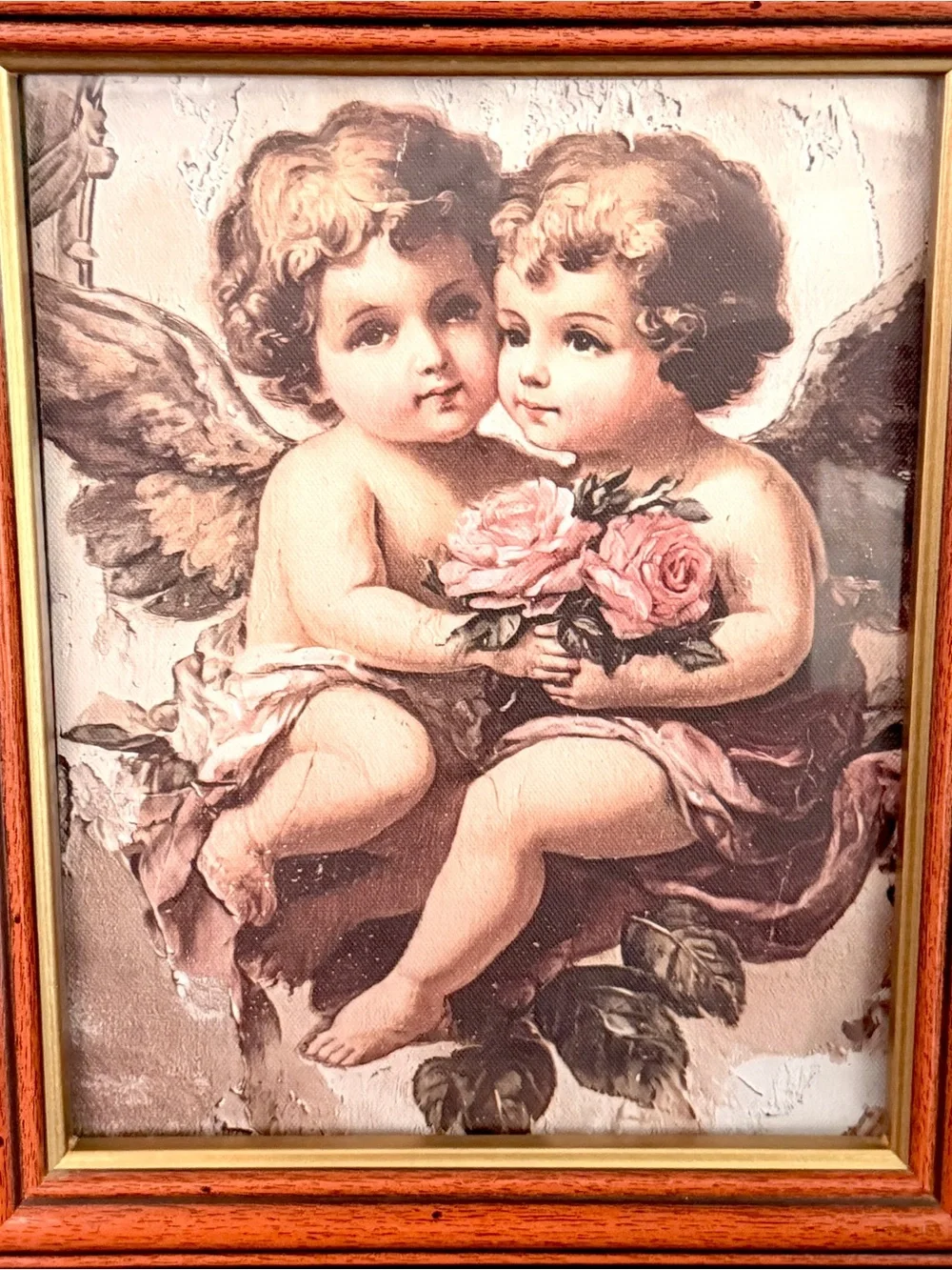 Vintage Style Cupid Cherub Floral Shabby Chic Wood Framed Canvas Art Print 10x12